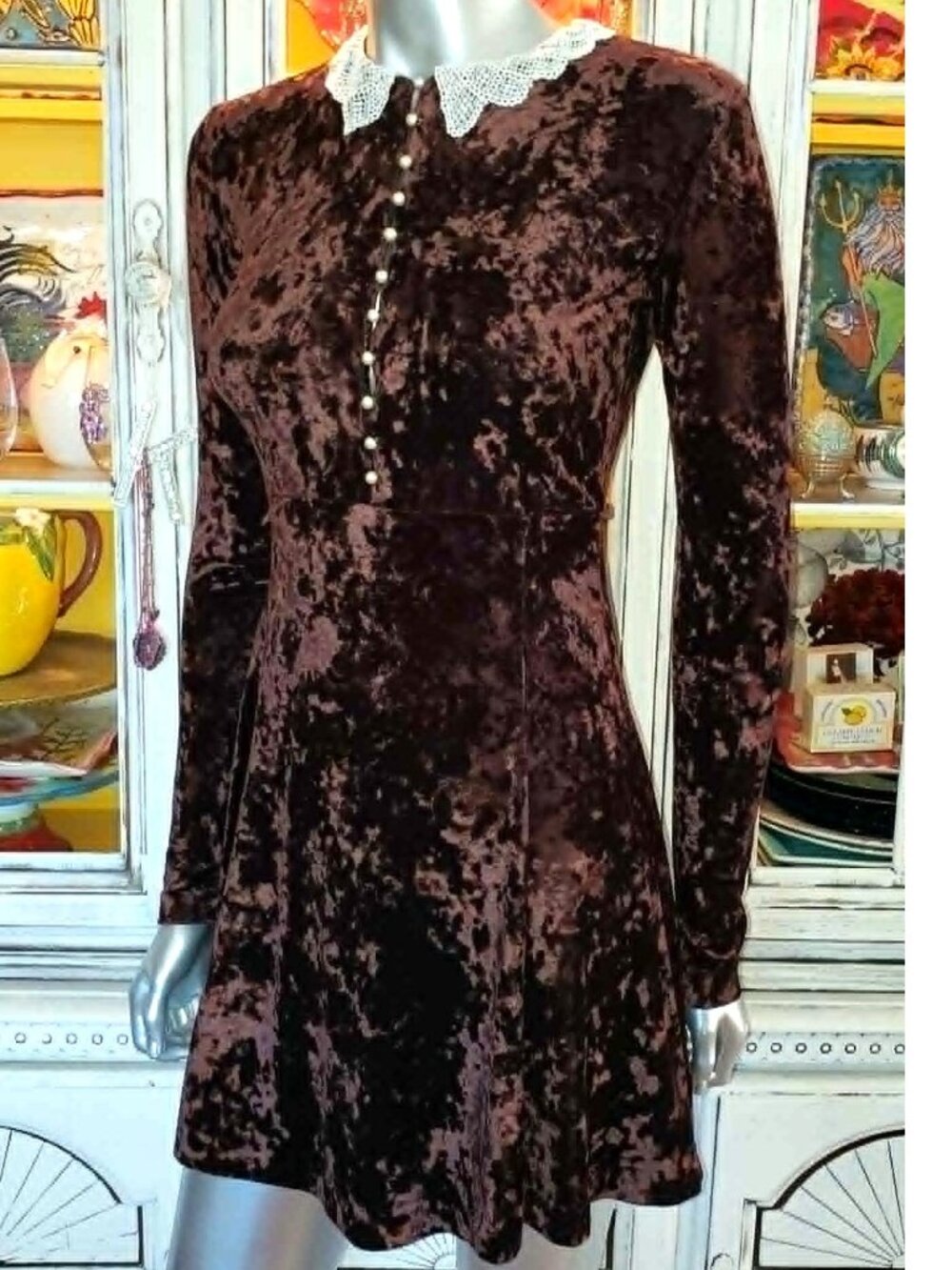 Vintage Betsey Johnson 90s Y2K Brown Crushed Velvet Victorian Pearl Skater Dress - Picture 10 of 15